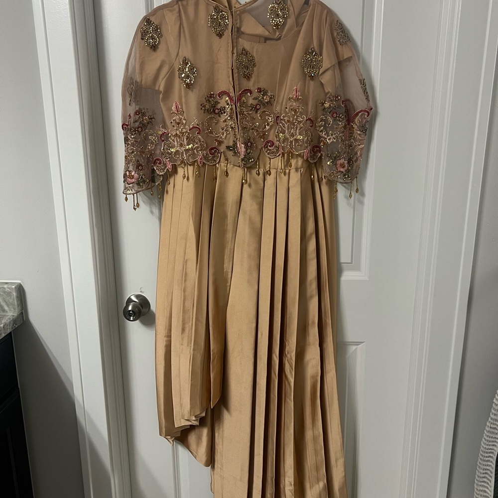 Gold Cape Style Embroidered Assymetrical Pakistani Dress